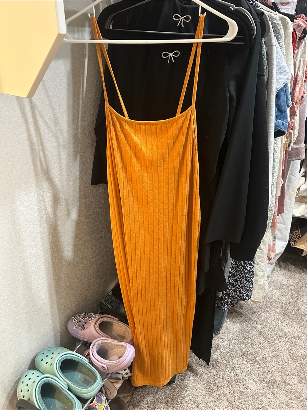 Bershka Ribbed Slip Midi Dress in Mustard